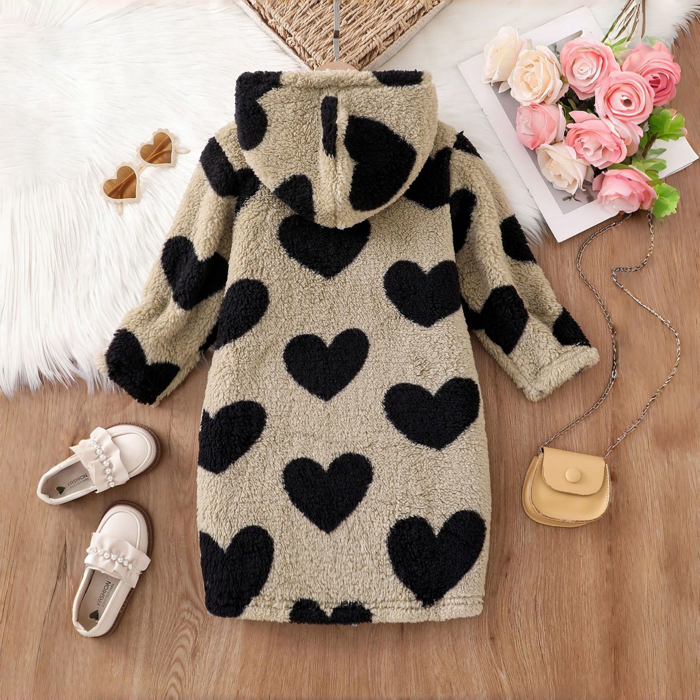Autumn and winter girls' plush hooded heart-shaped printed pullover hoodie dress