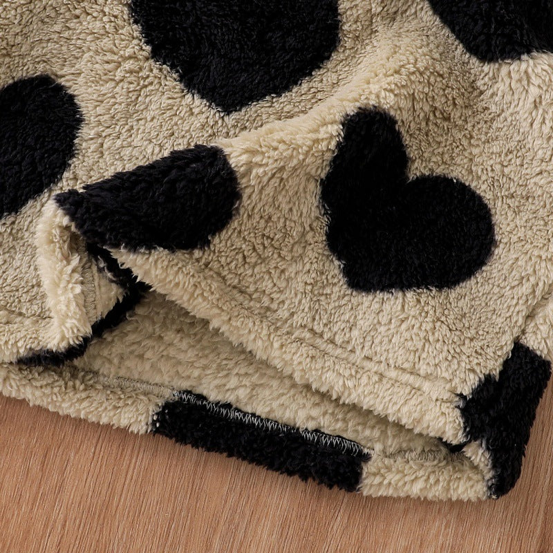 Autumn and winter girls' plush hooded heart-shaped printed pullover hoodie dress