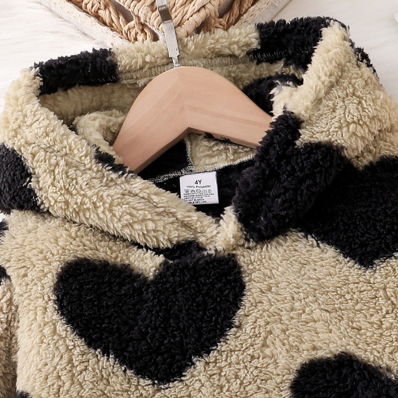 Autumn and winter girls' plush hooded heart-shaped printed pullover hoodie dress